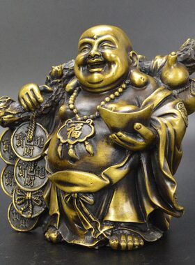 黄铜弥勒佛铜摆件挑金币笑佛仿古古玩铜器工艺品客厅办公室摆设