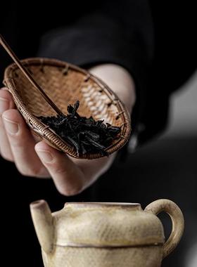 宜室茶话大漆乌龟壳竹编茶则竹簸箕赏茶荷小茶勺醒茶则茶道配件
