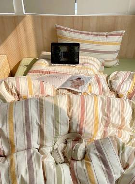 撞色60色织全棉四件套简约纯棉水洗棉学生宿舍条纹床单三件套
