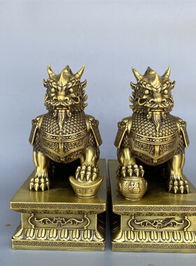 纯铜麒麟摆件一对m铜将军麒麟家居玄关客厅方底麒麟店铺摆件