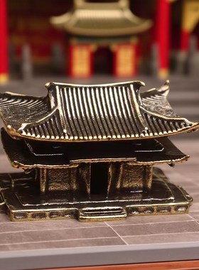 黄铜古楼客栈假山鱼缸造景创意摆件书房办公O室立体宫殿摆件工艺