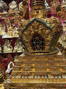 尼泊尔释迦族手工艺紫铜鎏金佛塔一米