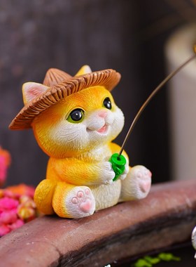 小猫钓鱼缸水族箱造景观摆件花园庭院假山流水器古法养鱼池装饰品