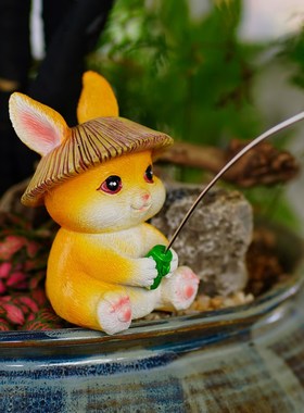 可爱兔子钓鱼玻璃鱼缸乌龟缸水族箱装饰流水鱼池假山花园造景摆件