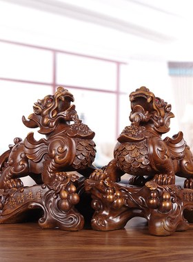 貔貅招财a摆件大号镇宅聚财皮丘仿木一对客厅公司大厅店铺前台摆
