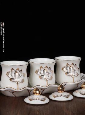 佛具莲花供佛杯大悲水佛堂陶瓷圣水杯佛前净水杯佛法僧三套杯