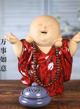 客厅小沙弥小和尚茶桌摆件禅意新中式博H古架陶瓷工艺品茶室装饰