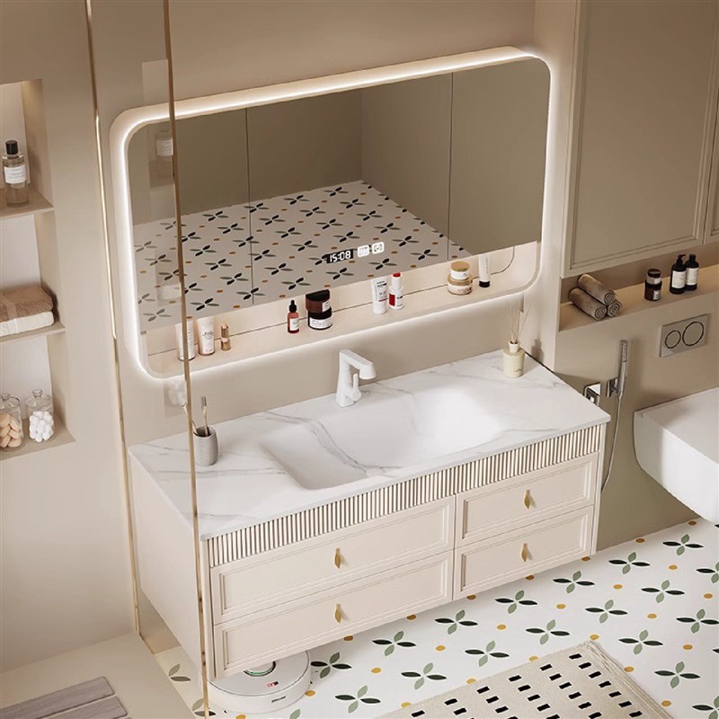 法式橡木浴室柜组合奶油风洗漱台岩板热弯陶瓷一体盆卫生间洗手池 - 图1