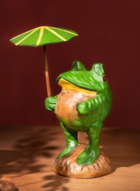 东南亚风全实木青蛙打伞桌面摆件玄关电视柜办公室装饰品客厅创意