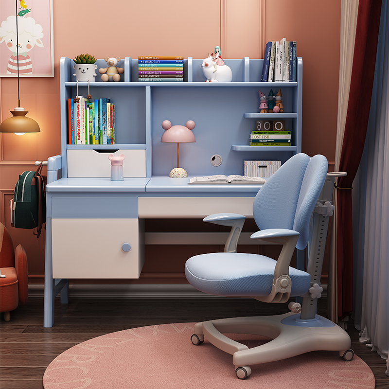Solid wood desk bookshelf integrated children's study table student bedroom home writing desk and chair set boy writing desk