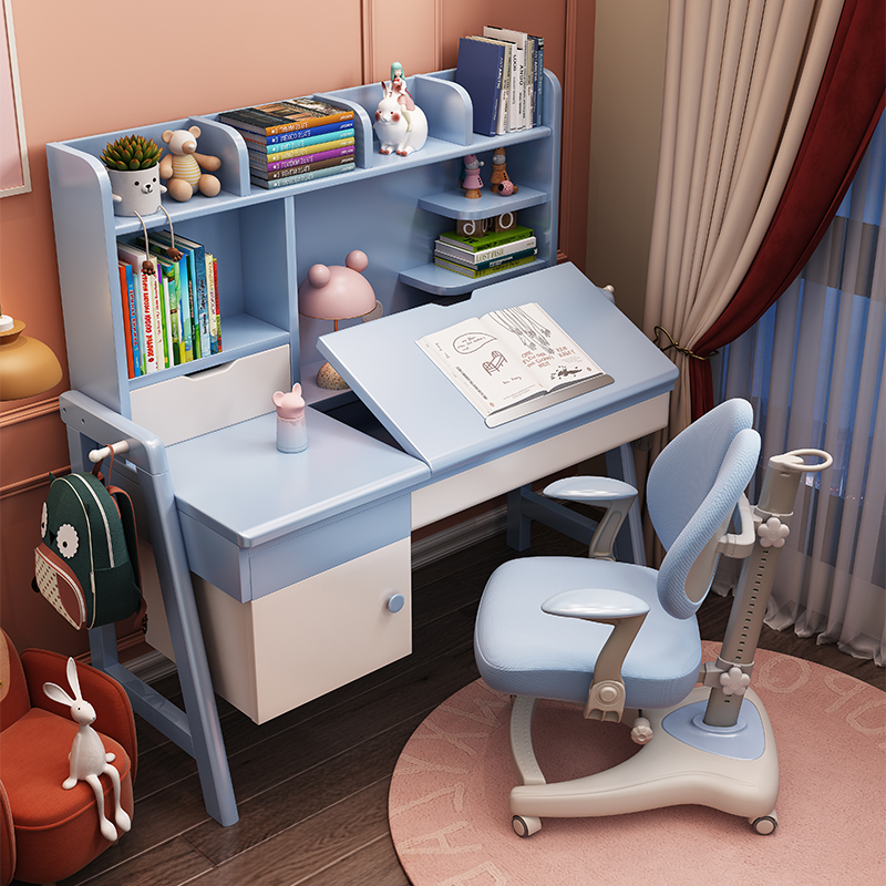 Solid wood desk bookshelf integrated children's study table student bedroom home writing desk and chair set boy writing desk