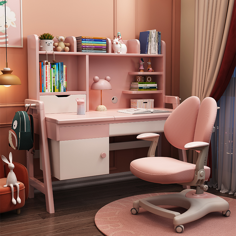 Solid wood desk bookshelf integrated children's study table student bedroom home writing desk and chair set boy writing desk