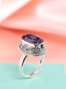 跨境饰品 时尚简约女式s925M银镶嵌紫晶开口戒指新品