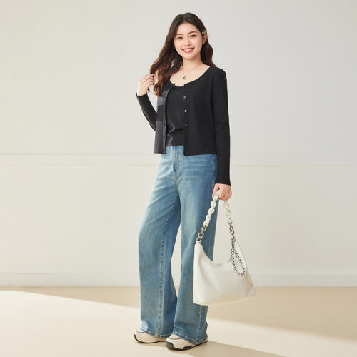 IEF/爱依服【微胖】大码女装2025秋季新款韩版简约纯色两件套上衣 - 图0