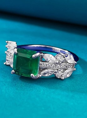 珠宝 2023新款S925仿真祖母绿切割J7*7mm时尚精品百搭款戒指