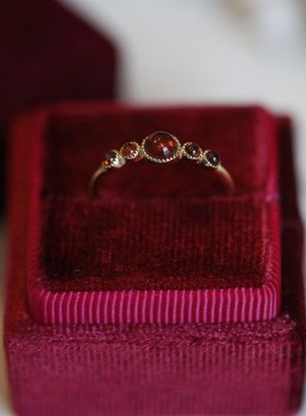 跨境玫瑰花束 日系显白天然酒红石榴石轻奢浪P漫女戒指大气外贸款