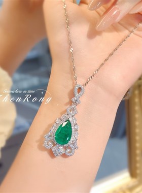 奢华豪镶培育祖母绿吊坠时尚气质百搭高碳钻水滴梨形Z绿钻项链女