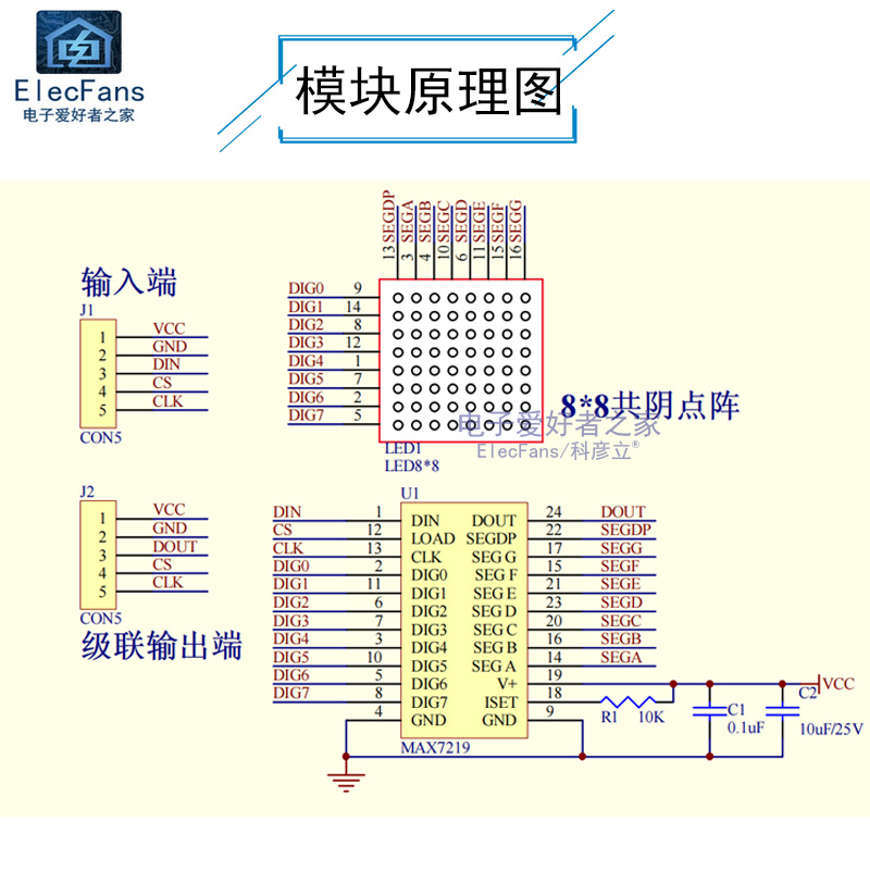 MAX7219点阵模块 8*8共阴 LED灯珠 可级联单片机驱动板控制显示器 - 图2