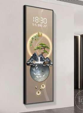 风景入户玄关装饰画带钟表走廊过道创意LED灯夜光电子钟壁画挂画