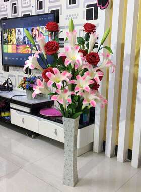 家居饰品百合仿真花束客厅落地装饰假花绢花摆件高档室内花艺插花