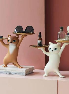 翡丽沙雕妖娆猫摆件客厅装饰品玄关钥匙收纳托盘新居乔迁礼品轻奢