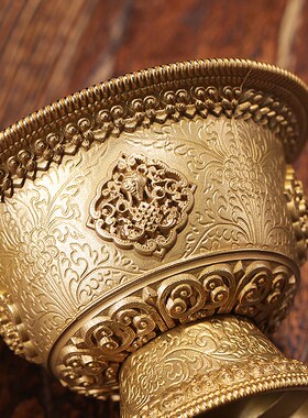 铜制供水碗摆件净水杯藏式民族风家用金古色雕花八吉祥佛前供水杯