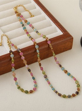多巴胺彩色天然碧玺串珠项v链新中式小众个性气质锁骨链高级感饰