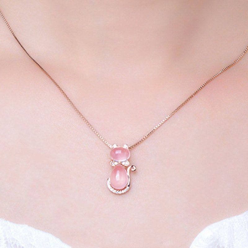 时尚粉晶芙蓉石吊坠猫咪耳钉戒指欧美粉钻石可爱猫戒指首饰套装,淘宝优惠券,粉丝福利购,淘宝优惠卷