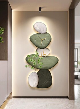 石来运转入户玄关装饰画带钟表发光灯画走廊尽头电视墙好寓意挂画