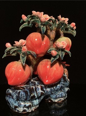 石湾公仔陶瓷寿桃创意家居客厅博古架电视柜饰品摆件植物工艺礼品