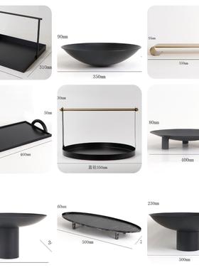 新中式轻奢描金哑黑托盘摆件客厅书房办公室样板间果盘软装摆设