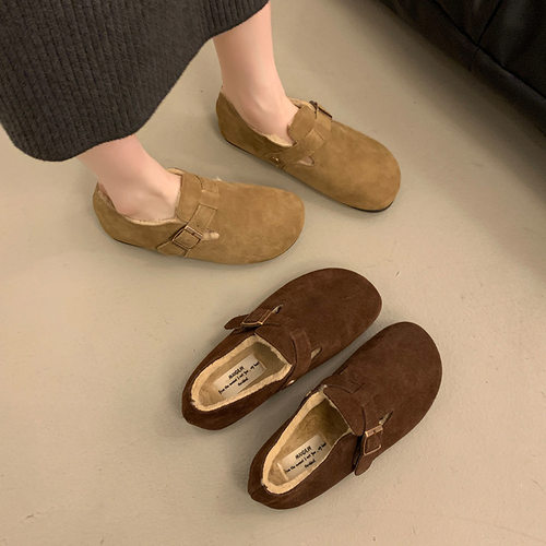 35-43码大码女鞋勃肯鞋女冬加绒保暖棉鞋复古日系丑萌单鞋乐福鞋 - 图1