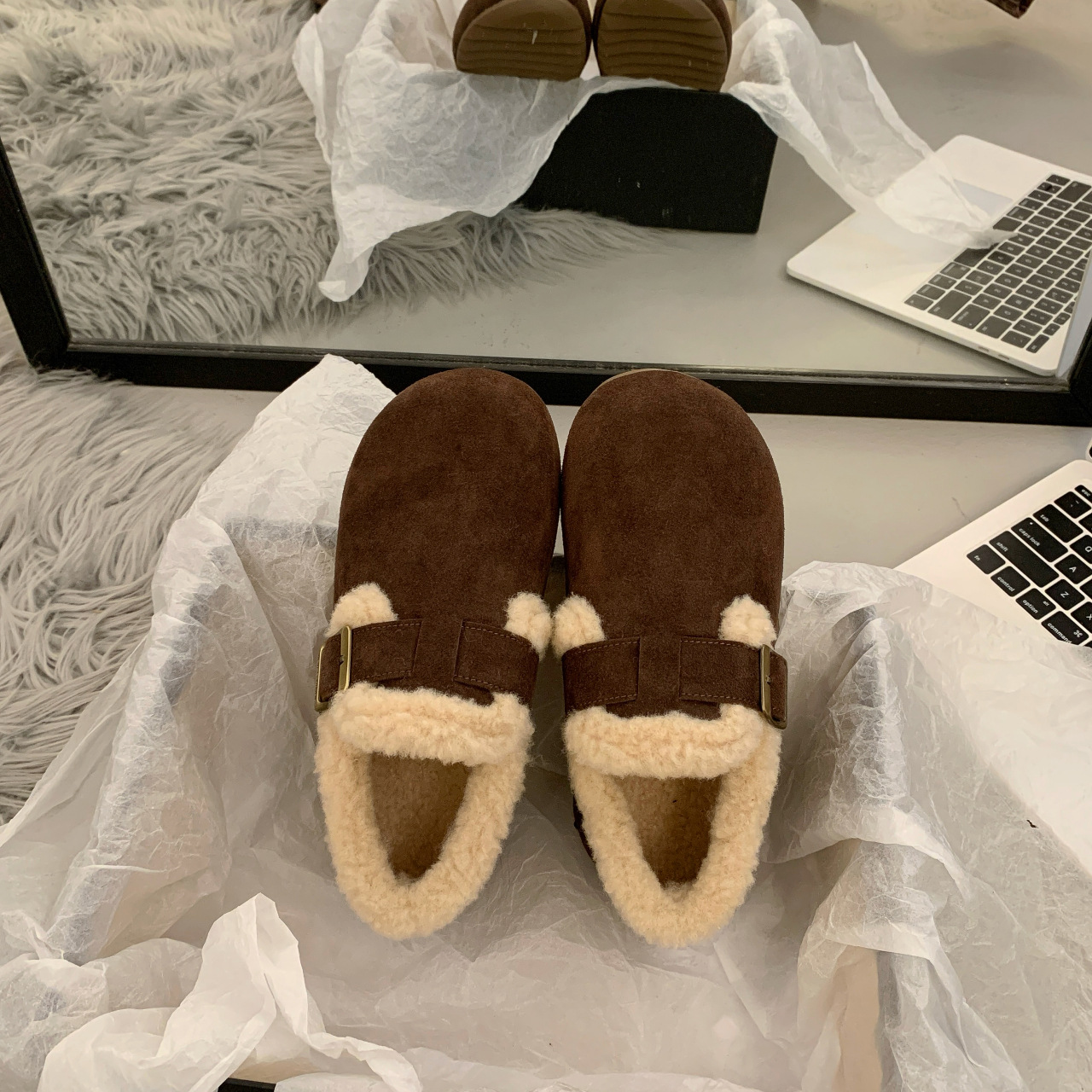 牛皮版~复古厚底毛毛鞋女外穿2025新款秋冬季真皮加绒博肯鞋棉鞋 - 图2