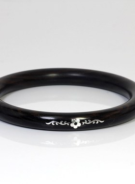 黑檀木镶银手h镯紫光檀镶嵌龙凤富贵国风圆条手工实木镯子手环饰