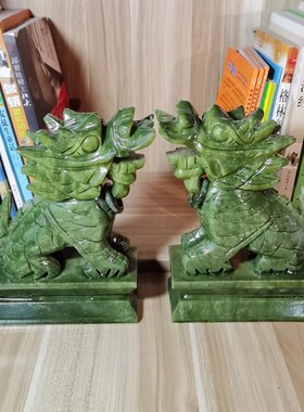 天然黄玉麒麟摆件绿色青玉石招财镇宅一对乔迁家居客厅装饰工艺品