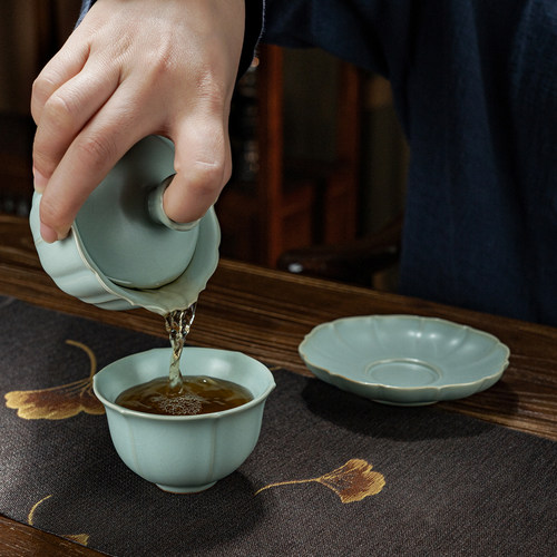 汝窑三才盖碗套装泡茶碗景德镇陶瓷功夫茶具汝瓷盖碗套装礼盒装 - 图0
