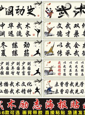 武术励志海报贴纸武馆培训装饰贴画功夫武道馆自粘背胶墙贴无框画