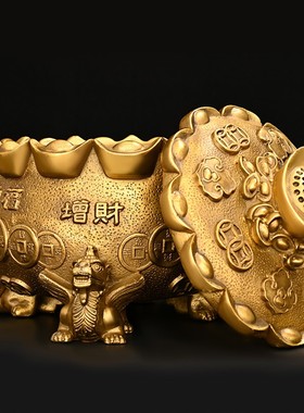 纯铜聚宝盆摆件四方貔貅存钱罐金钱元宝铜缸客厅R装饰门店开业礼