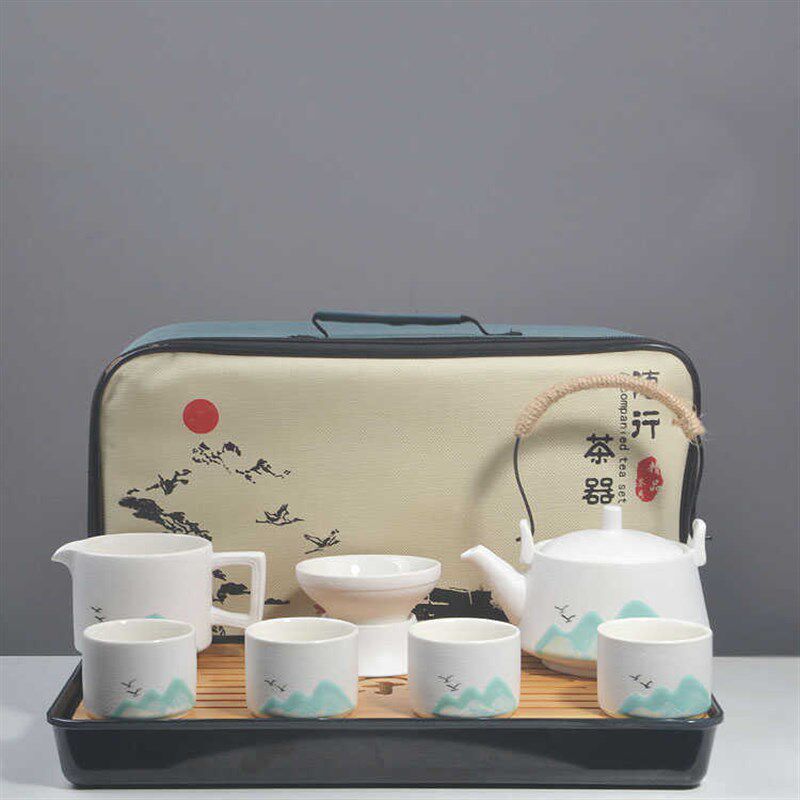A complete set of tea sets, home ceramics, one pot and four cups, hand-painted handle kettle, small tea tray, tea table, travel custom LOGO