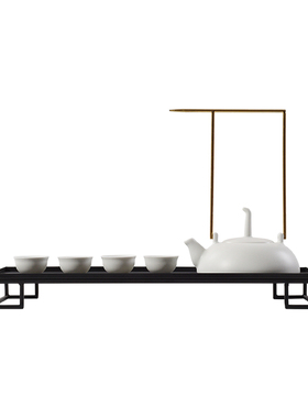 新中式白色陶瓷茶具茶几套装铁艺茶盘茶室L茶道茶艺样板房软装摆