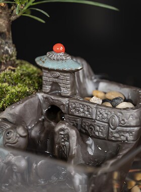 小型植物鱼缸造景假山罗汉松客厅流水摆件循环水景观创意家居饰品