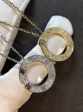 欧美轻奢圆形满钻大饼项链女潮流时尚玫瑰金圆圈情侣毛衣链不掉色