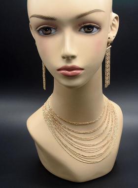 金丝耳环项链首饰套装欧美个性夸张锁骨链女多层金属流苏配饰品