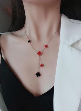 钛钢不掉色金双面四叶幸运草多花项链女气质百搭流苏锁骨链潮