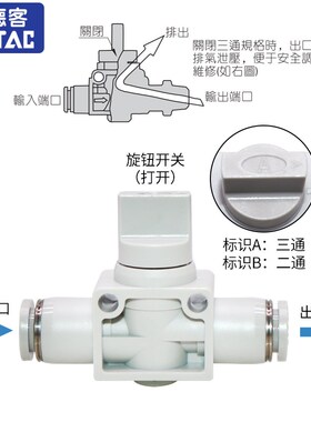 亚德客气动PU气管8*5手动开关气阀PHV-6 8 10 12AB二通三通路通断