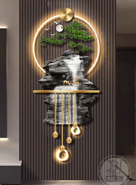 流水生财玄关装饰画轻奢迎客松玄关挂画电视背景墙发光壁灯画感应
