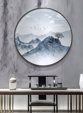 办公室茶室光照i山河风景背景装饰画新中式样板房玄关圆形灯光挂