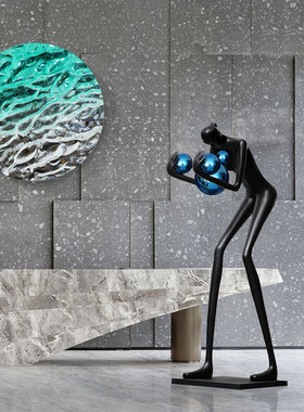 抱球人物抽象雕塑摆件酒店售w楼部背景墙挂饰样板间前台装置艺术