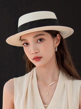 山目 遮阳平顶草帽子女 细腻五分草礼帽 逛街出游太阳帽 春夏季