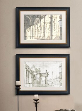 法式复古建筑玄关装饰画客厅背景墙素描高级感挂画小众艺术黑白壁